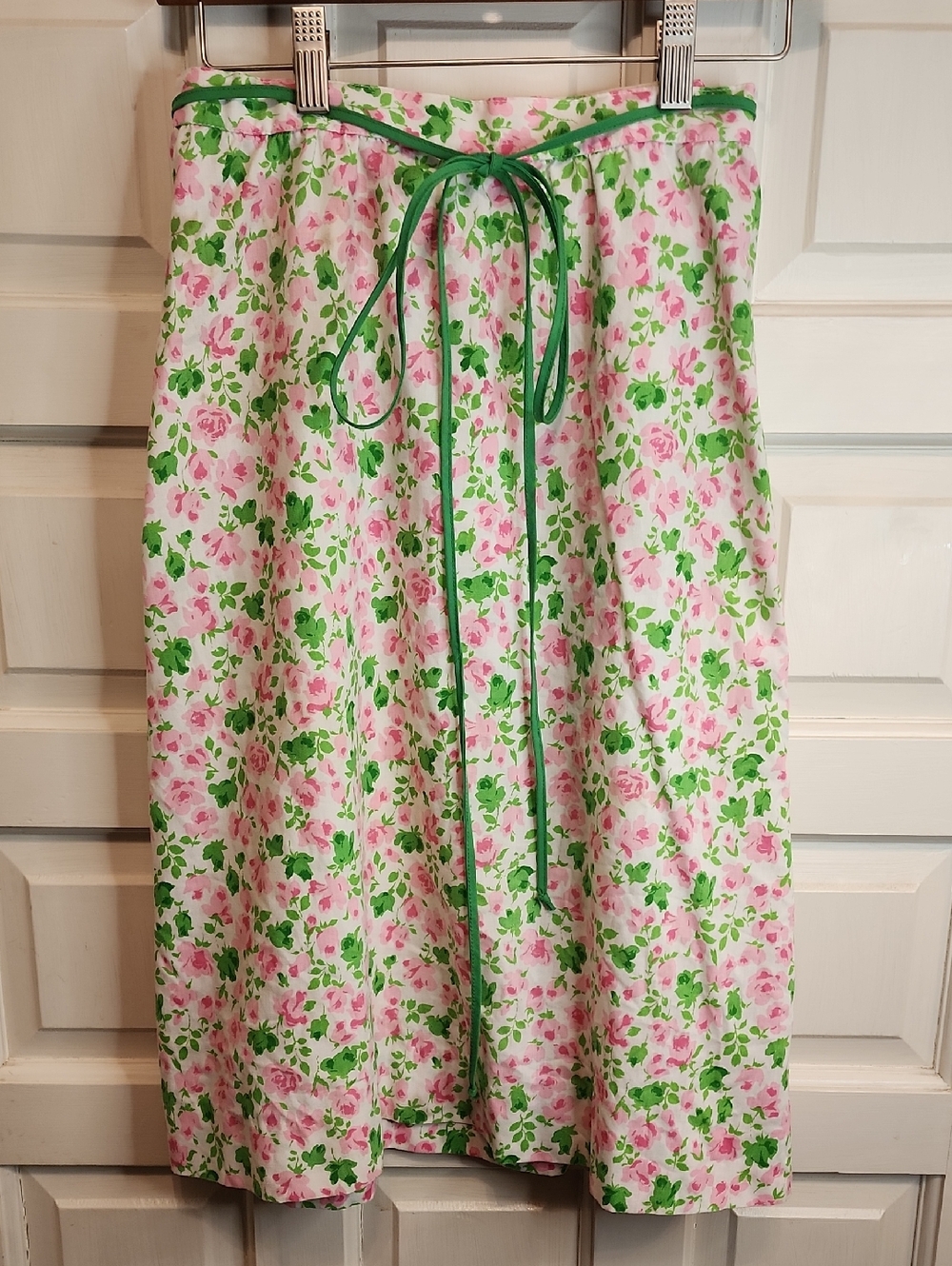 POPPY Floral Pink & Green Knee Length Wraparound Skirt Green Tie Waist Vintage